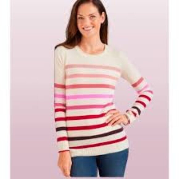 TALBOTS 100% Cashmere Crewneck Striped Pullover Sweater Size L Ivory - Picture 2 of 9
